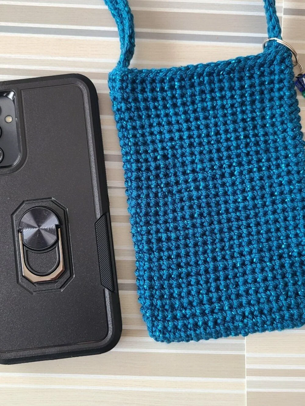 Hand Crochet Cell Phone Case Holder Crossbody Bag with Key Chain Teal Sparkling